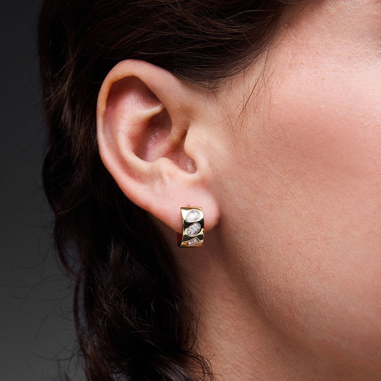Mixed Diamond Yellow Gold Huggie Earrings