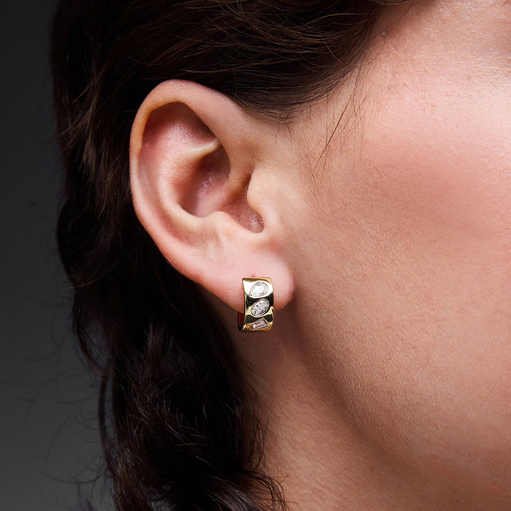 Mixed Diamond Yellow Gold Huggie Earrings In Yellow Gold 14K