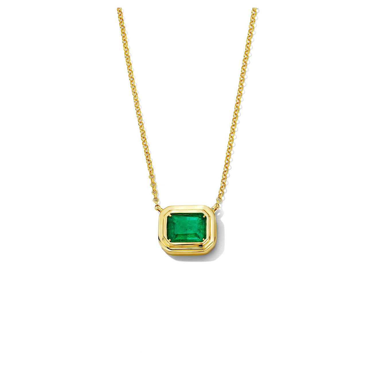 Green Emerald Bezel Yellow Gold Necklace