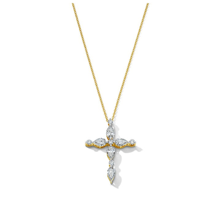 Yellow Gold Mixed Diamond Cross Necklace In Solid 14K Yellow Gold