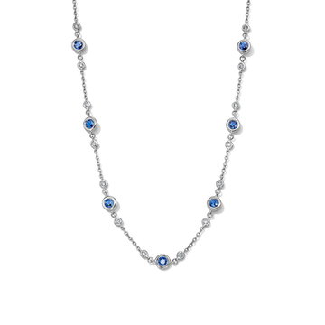 Blue Sapphire & Diamond Bezel Station Necklace In White Gold 14K