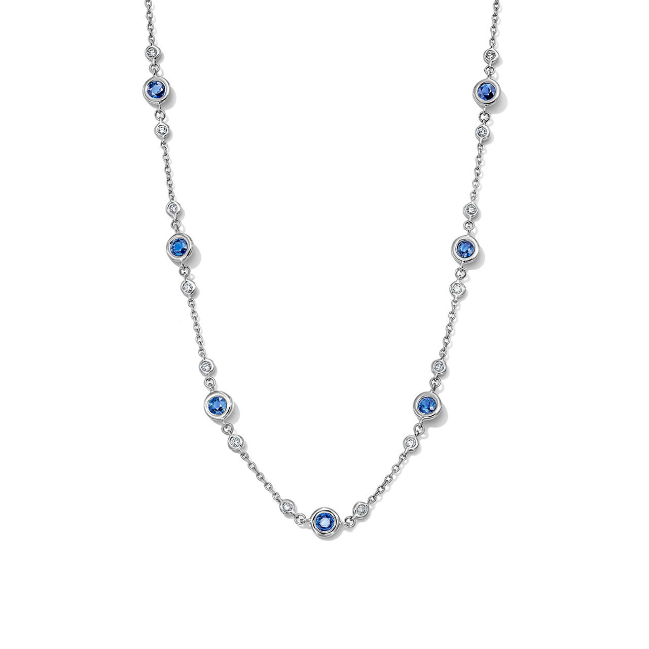 Blue Sapphire & Diamond Bezel Station Necklace