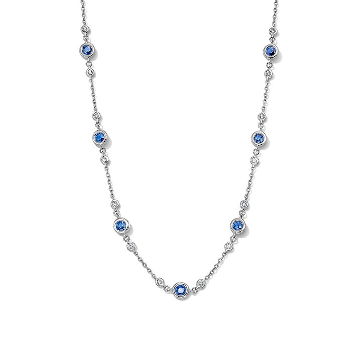 Blue Sapphire & Diamond Bezel Station Necklace In Solid 14K White Gold