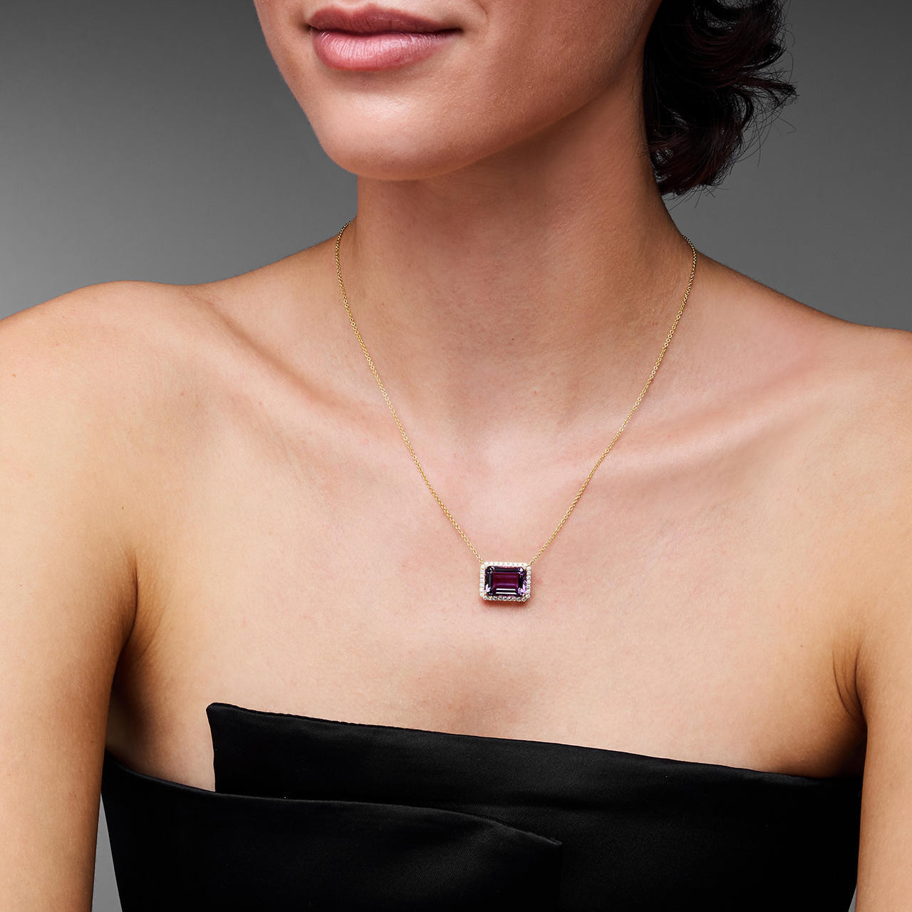 Amethyst Diamond Halo Yellow Gold Necklace