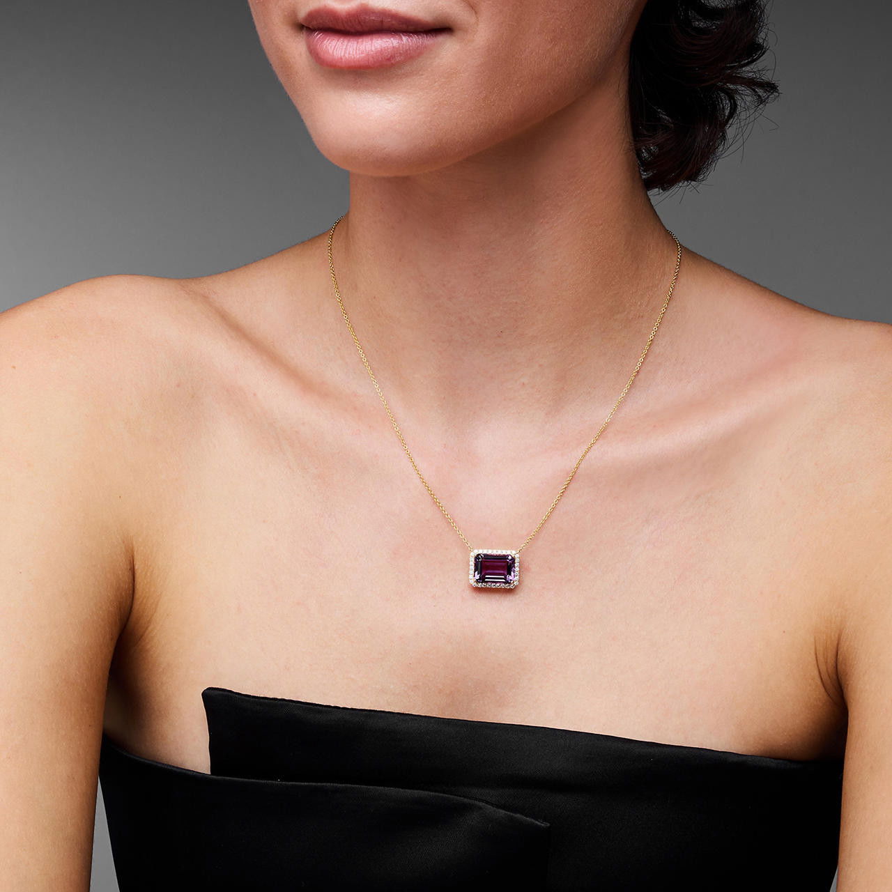 Amethyst Diamond Halo Yellow Gold Necklace