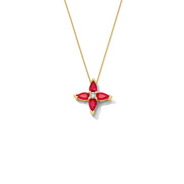 Ruby Floral-Inspired Pendant Necklace In Solid 14K Yellow Gold