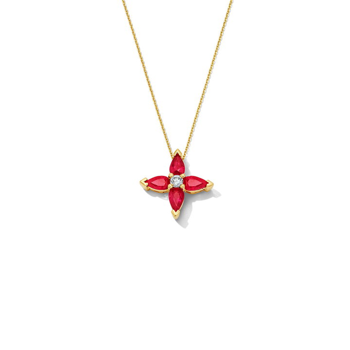 Ruby Floral-Inspired Pendant Necklace In Solid 14K Yellow Gold