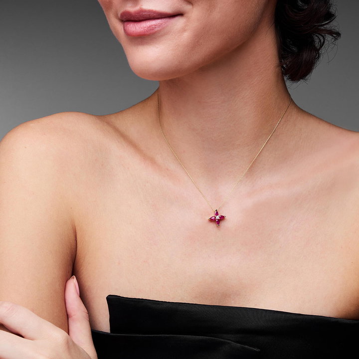 Ruby Floral-Inspired Pendant Necklace In Solid 14K Yellow Gold