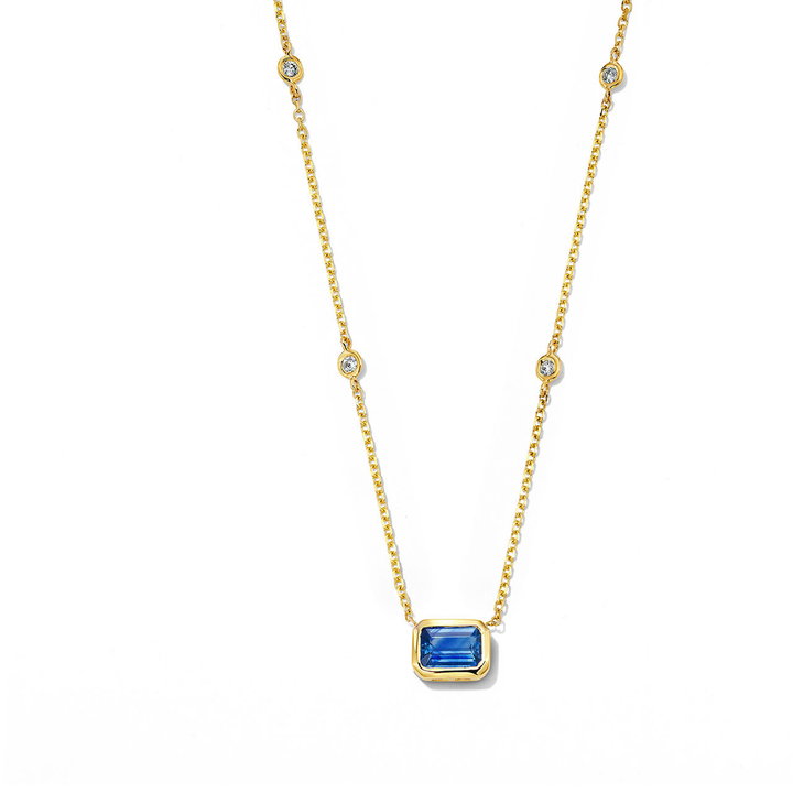 Blue Sapphire & Diamond Bezel Necklace In Solid 14K Yellow Gold