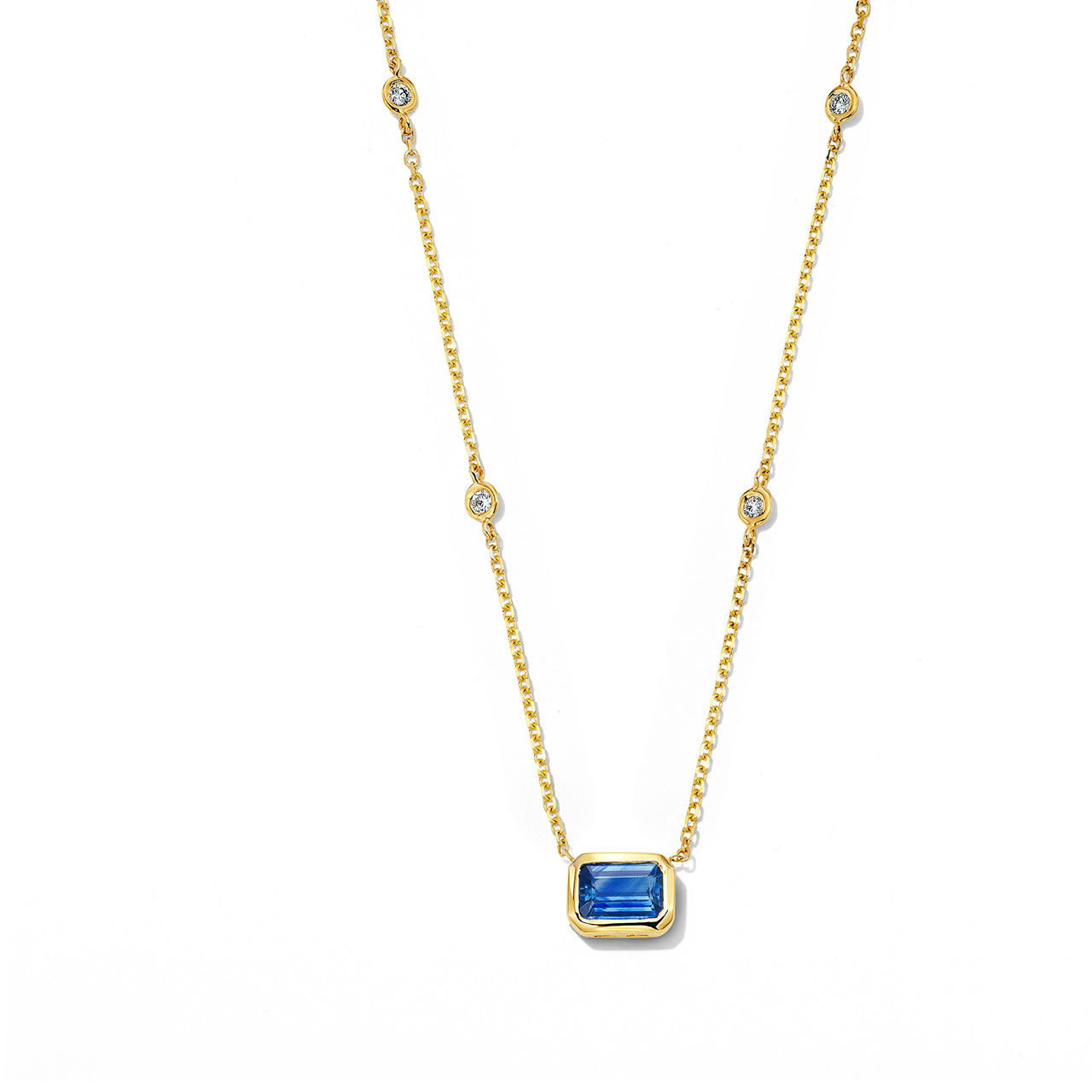 Blue Sapphire & Diamond Bezel Necklace