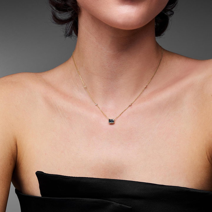 Blue Sapphire & Diamond Bezel Necklace In Solid 14K Yellow Gold