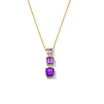 Graduated Amethyst Diamond Necklace In Solid 14K Yellow Gold
