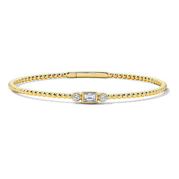 Bezel Baguette Center Diamond Beaded Gold Bracelet