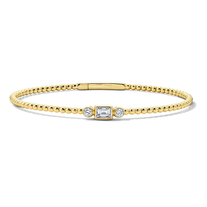 Bezel Baguette Center Diamond Beaded Gold Bracelet In Solid 14K Yellow Gold