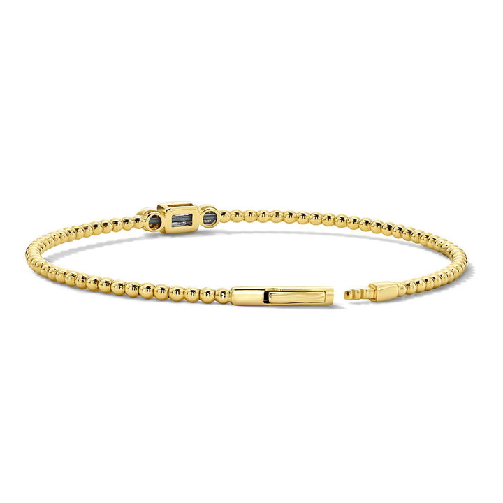 Bezel Baguette Center Diamond Beaded Gold Bracelet In Solid 14K Yellow Gold
