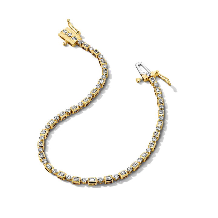 Alternating Bezel Baguette & Round Diamond Tennis Bracelet In Solid 14K White / Yellow Gold