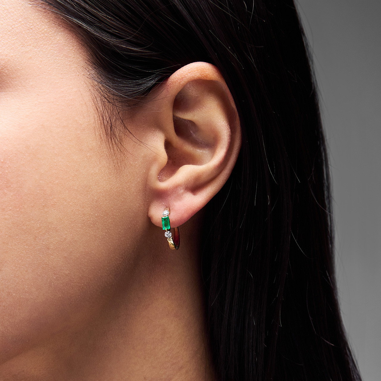 Green Emerald & Diamond Accented Gold Hoop Earrings 2