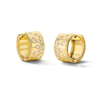 Scattered Flushed Mixed Diamond Gold Hoop Earrings In Solid 14K Yellow Gold