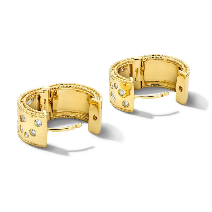 Scattered Flushed Mixed Diamond Gold Hoop Earrings In Solid 14K Yellow Gold