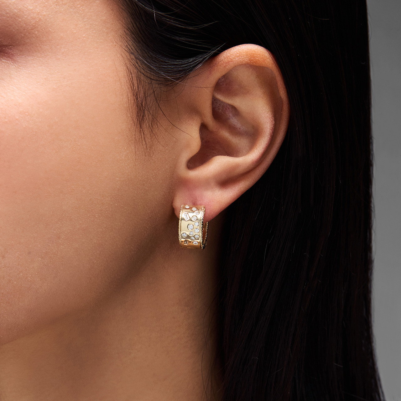 Scattered Flushed Mixed Diamond Gold Hoop Earrings