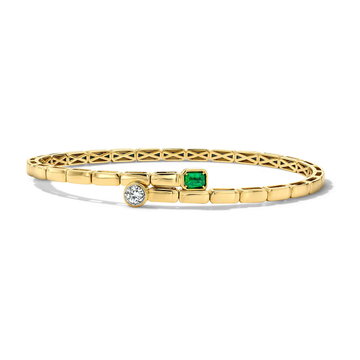 Green Emerald & Round Diamond Bezel Gold Flexible Bracelet In Solid 14K Yellow Gold