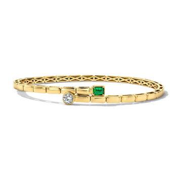 Green Emerald & Round Diamond Bezel Gold Flexible Bracelet