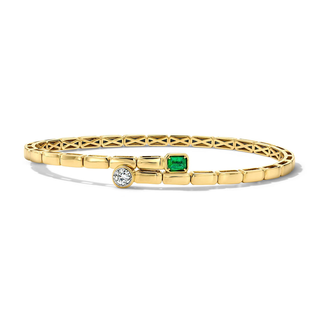 Green Emerald & Round Diamond Bezel Gold Flexible Bracelet 0