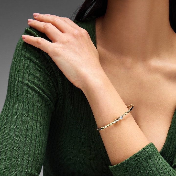 Green Emerald & Round Diamond Bezel Gold Flexible Bracelet In Solid 14K Yellow Gold