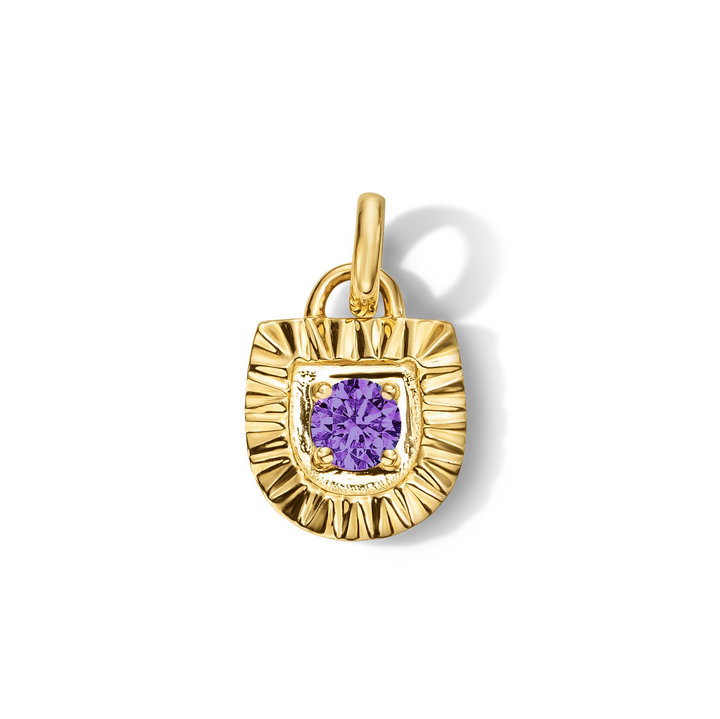 Amethyst Shield Sunburst Charm In Solid 14K Yellow Gold