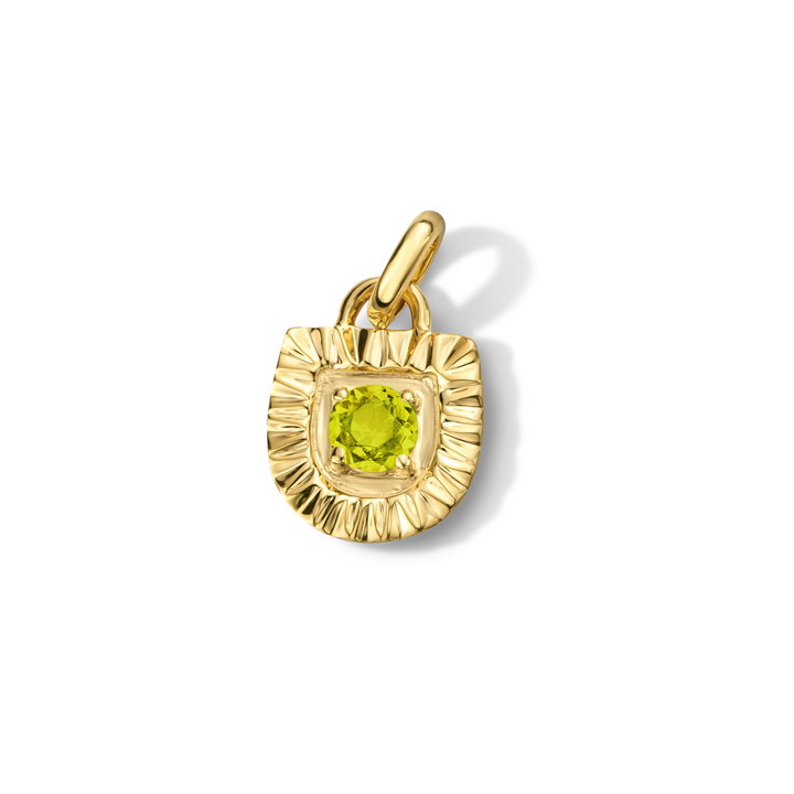 Peridot Shield Sunburst Charm In Solid 14K Yellow Gold