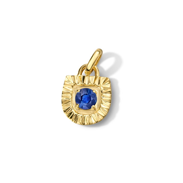 Sapphire Shield Sunburst Charm In Solid 14K Yellow Gold