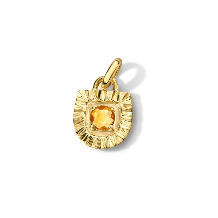 Citrine Shield Sunburst Charm In Solid 14K Yellow Gold