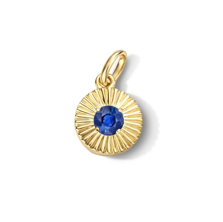 Sapphire Circle Sunburst Charm In Solid 14K Yellow Gold