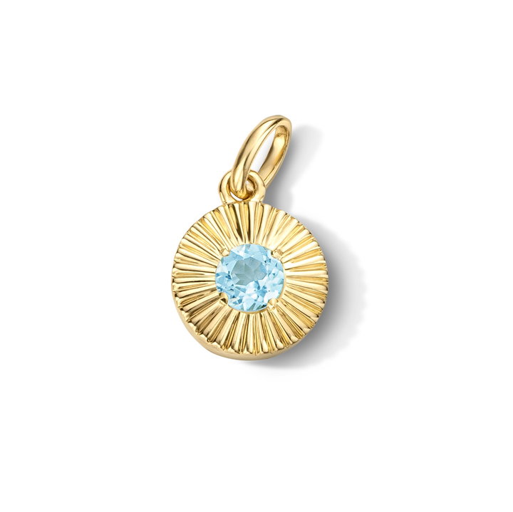 Aquamarine Circle Sunburst Charm In Solid 14K Yellow Gold