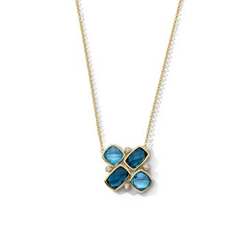 Mixed Blue Topaz Bezel Cluster Necklace In Solid 14K Yellow Gold