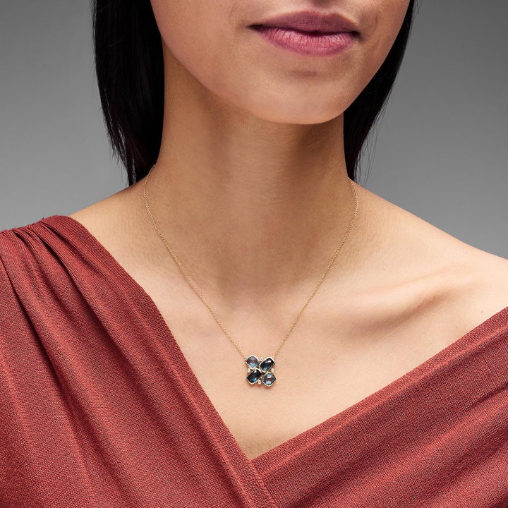 Mixed Blue Topaz Bezel Cluster Necklace In Solid 14K Yellow Gold
