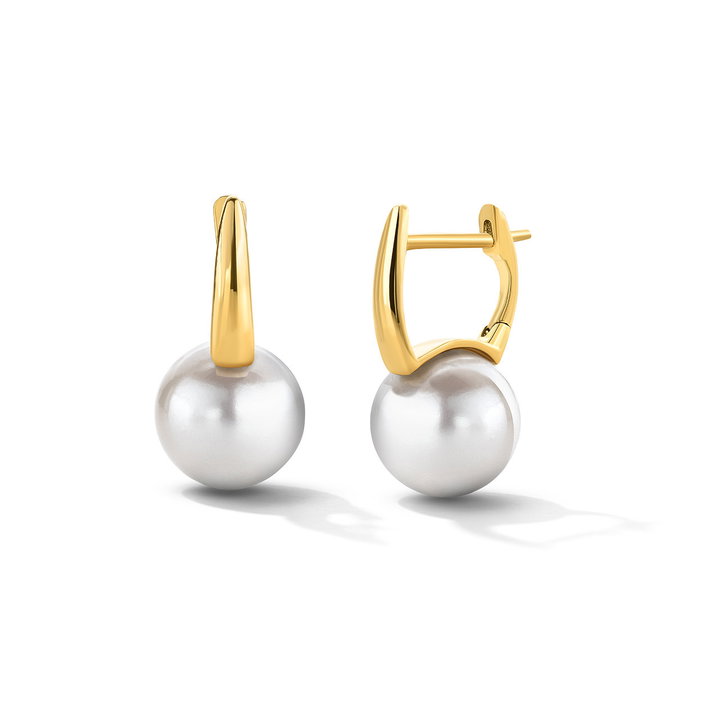 Pearl Drop Huggie Earrings In Solid 14K Yellow Gold