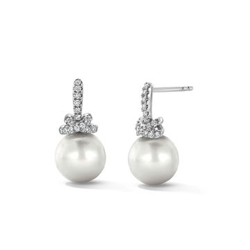 Diamond Bow Pearl Earrings In White Gold 18K