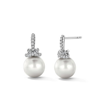 Diamond Bow Pearl Earrings In Solid 18K White Gold