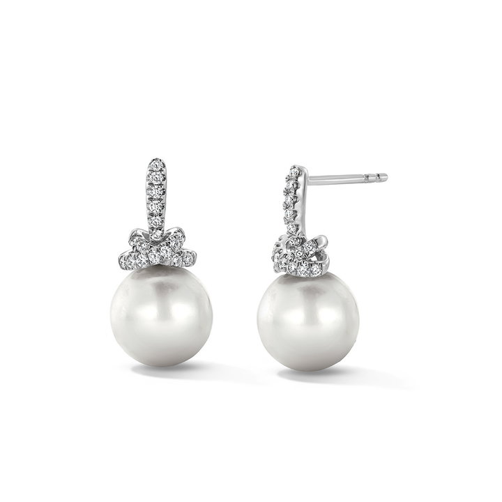 Diamond Bow Pearl Earrings In Solid 18K White Gold
