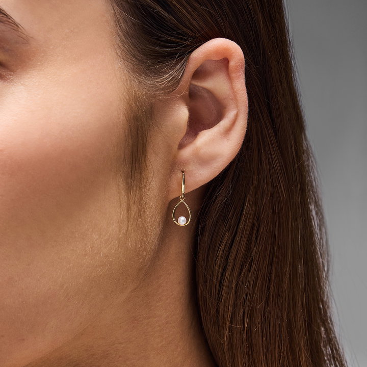 Open Teardrop Pearl Earrings In Solid 14K Yellow Gold