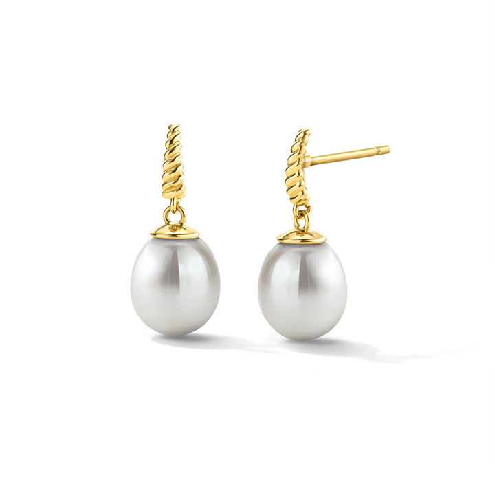 Pearl Gold Twisted Huggie Earrings In Solid 14K Yellow Gold