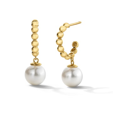 Pearl Gold Beaded Huggie Earrings In Solid 14K Yellow Gold