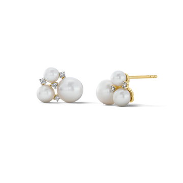 Pearl Cluster Diamond Stud Earrings In Solid 14K Yellow Gold