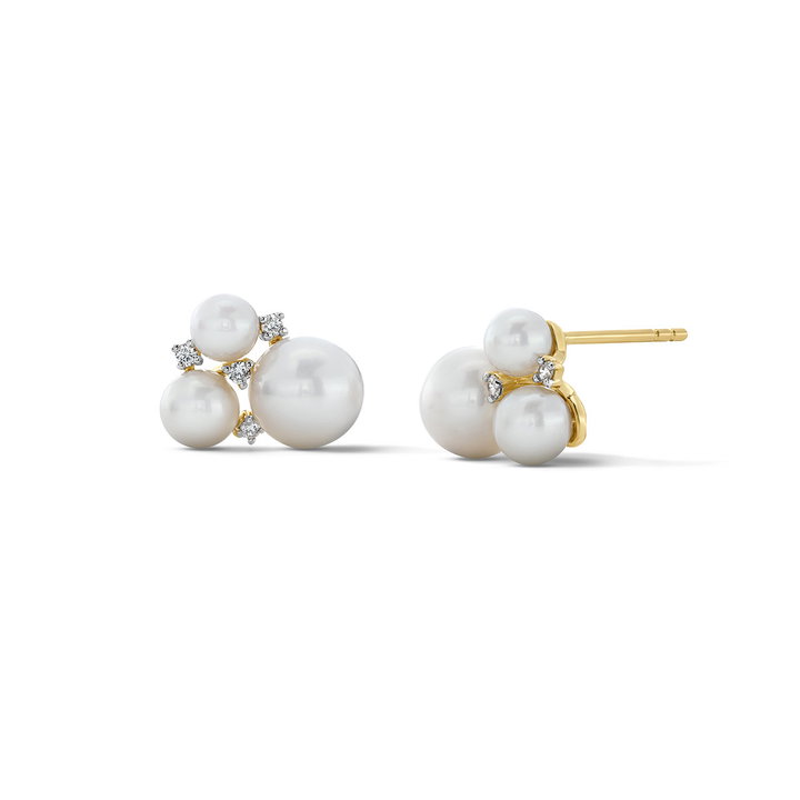 Pearl Cluster Diamond Stud Earrings In Solid 14K Yellow Gold