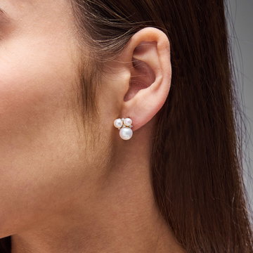 Pearl Cluster Diamond Stud Earrings In Solid 14K Yellow Gold