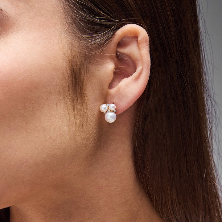 Pearl Cluster Diamond Stud Earrings In Solid 14K Yellow Gold