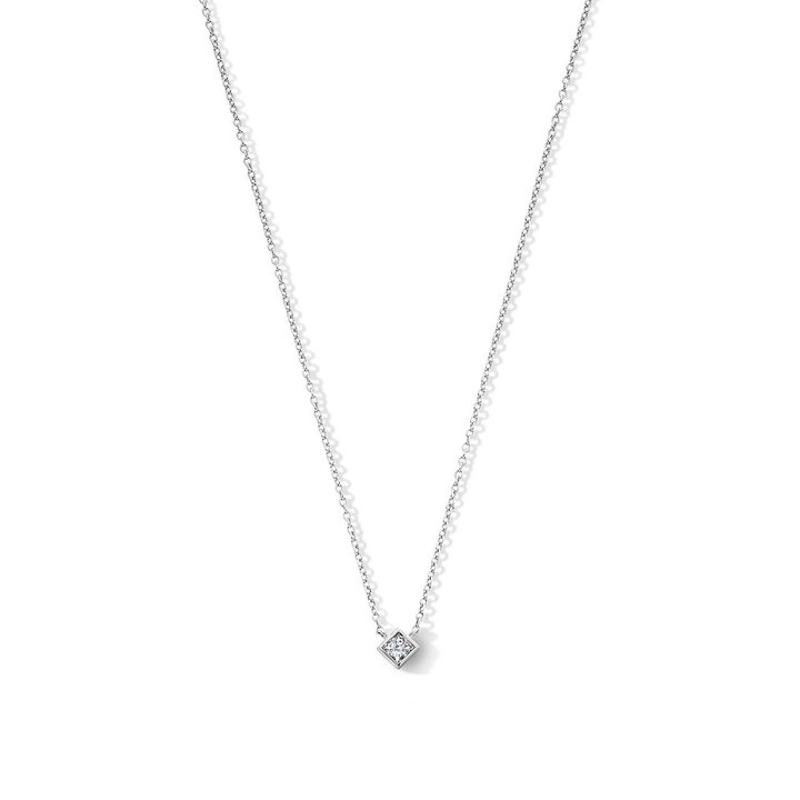 Solitaire Bezel Princess Cut Diamond Pendant Necklace In White Gold 14K