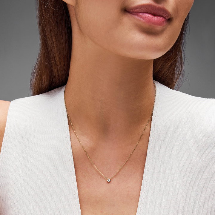 Solitaire Bezel Princess Cut Diamond Pendant Necklace In White Gold 14K