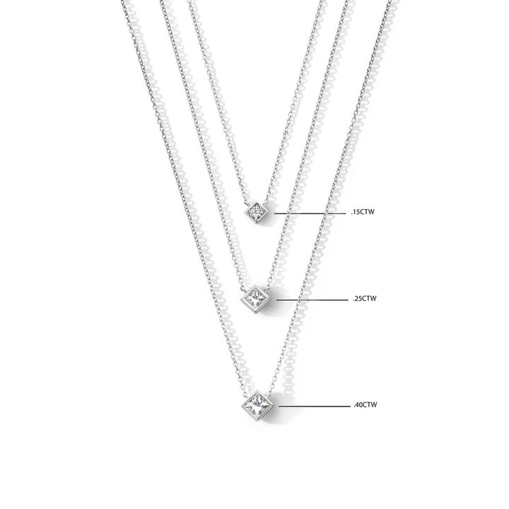 Solitaire Bezel Princess Cut Diamond Pendant Necklace In White Gold 14K